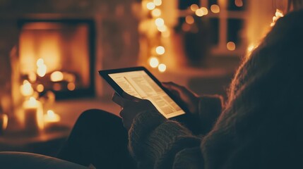 a person engrossed in reading digital news on a tablet, surrounded by a cozy home environment. warm lighting and soft textures create a comfortable mood, reflecting modern media consumption