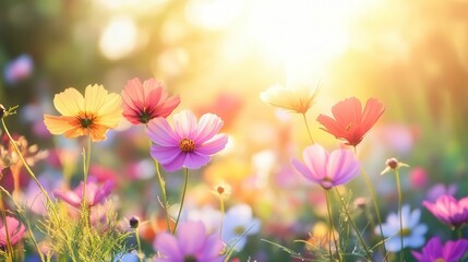 Fototapeta premium a picturesque field of colorful cosmos flowers bathed in sunlight, capturing the delicate beauty of nature through a soft focus, evoking a sense of tranquility and joy