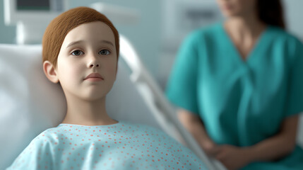 Obraz premium A young child in a hospital bed with a concerned caregiver in the background, showcasing a moment of delicate care and medical attention in a soothing environment.