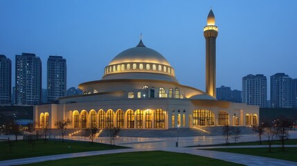 Obraz premium A modern mosque with a golden dome and minaret, illuminated at dusk, stands against a backdrop of city skyscrapers.