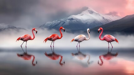 Obraz premium Flamingos standing in shallow water, mirrored reflections creating a calming symmetry, Flamingo, Grace and elegance