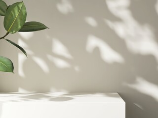 Modern, minimal empty cream white counter table top in sunlight, tree leaf foliage shadow on wall for luxury organic fashion, beauty, cosmetic, skincare, body care product display background 3D