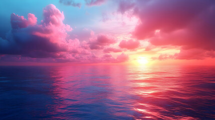 Obraz premium Vibrant sunset over calm ocean waters with colorful clouds.