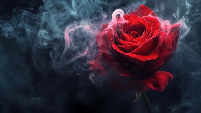 a striking red rose enveloped in swirling smoke against a dramatic black background, symbolizing passion and beauty, with an atmospheric quality that adds depth and intrigue