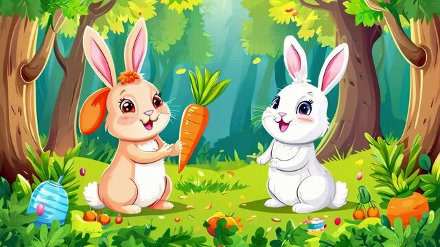Cute Rabbits and Carrot Party in the Cartoon Forest