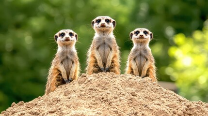Obraz premium Meerkats standing alert on a sandy mound, watching the horizon for predators, Meerkat, Community and vigilance