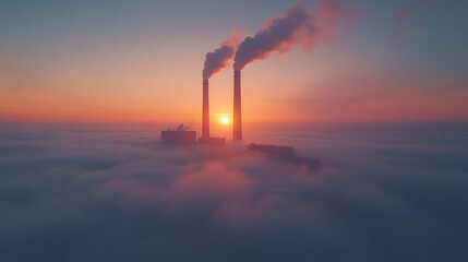 Two tall smokestacks of a power plant pierce the clouds at sunset.