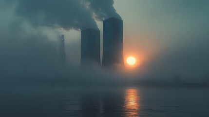 Silhouetted industrial towers release smoke into a foggy sunrise.