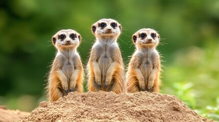 Obraz premium Meerkats standing alert on a sandy mound, watching the horizon for predators, Meerkat, Community and vigilance