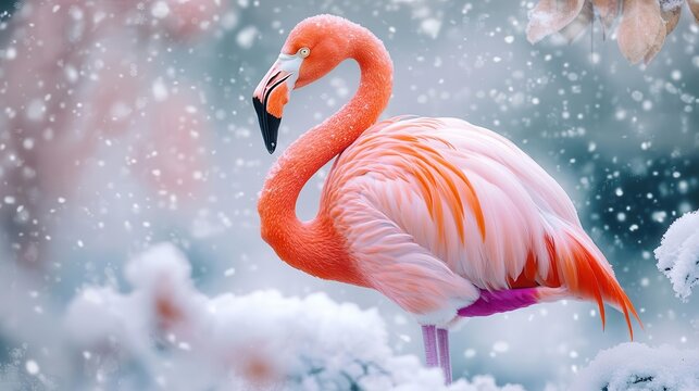a vibrant banner featuring a flamingo gracefully standing amidst a winter setting, capturing a juxtaposition of tropical beauty against a cold, snowy background