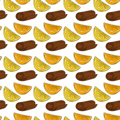 Cinnamon stick, lemon and orange slices Seamless pattern in trendy bright shades. Background concept