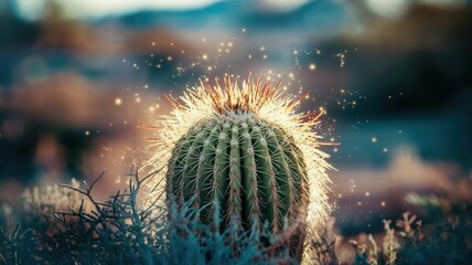 Close-up of blooming cactus with yellow flowers, warm desert lighting