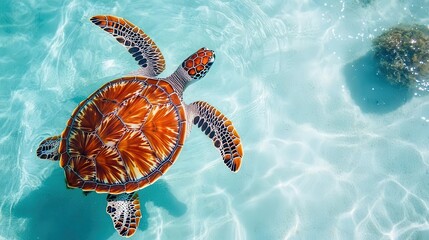 a vibrant sea turtle gracefully gliding through crystal-clear waters, its intricate shell patterns visible against a bright white background