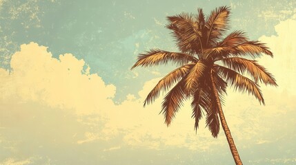 a vintage-style illustration of a tropical palm tree, lush and vibrant, capturing the essence of a relaxing island getaway with a warm, nostalgic atmosphere