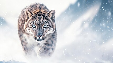 Obraz premium Snow leopard prowling through a frosty, mountainous landscape, Snow Leopard, Majestic isolation and survival in the wild