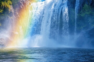 Waterfall with a Rainbow and Mist Over a Calm Blue Pool