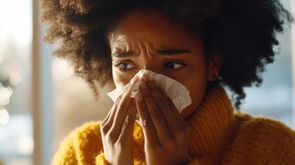 a young african american woman, visibly unwell, blowing her nose into a tissue. this candid moment encapsulates the challenges of cold and allergy season, fostering empathy and awareness