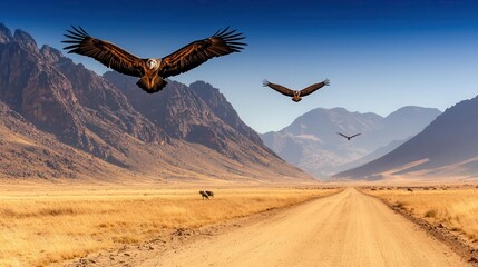 Naklejka premium Vultures circling high above a vast desert, their wings casting long shadows, Vulture, Death and scavenging in the wild