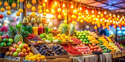Obraz premium Colorful Minimalist Fruit Stalls with Fresh Produce and Juices for Market Visuals