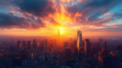 Fototapeta premium Stunning sunset over a city skyline with dramatic clouds.