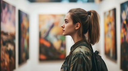 a young woman stands immersed in a world of creativity as she gazes at captivating paintings in a bright art gallery, embodying the spirit of inspiration and artistic appreciation