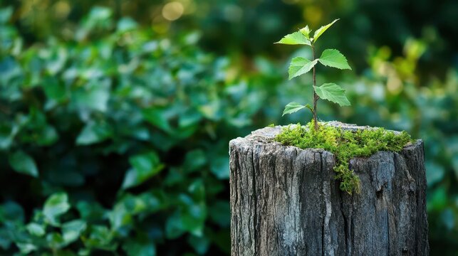 a young sapling emerging triumphantly from an old, weathered tree stump, symbolizing hope and renewal in nature, set against a backdrop of lush greenery