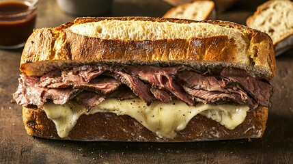 Delicious roast beef sandwich with melted cheese on freshly baked bread perfect for any meal or occasion
