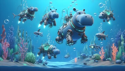 cartoon hippo robots living underwater in a deep-sea robotic paradise. Some hippos have propellers on their backs, others ride mechanical sharks.