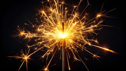 A solitary sparkler bursts into a vibrant display of light and shimmering particles, illuminating the darkness with a warm glow.