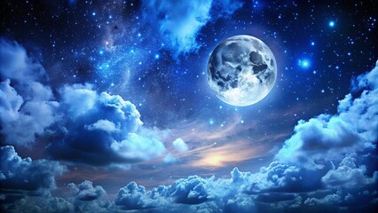 Celestial Tapestry of Dreams A Full Moon Glows Amidst a Sky Adorned with Stars and Wispy Clouds