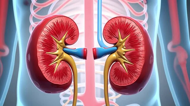 A highly detailed diagram of kidney failure, showing a healthy kidney contrasted with a diseased one. Ideal for content related to nephrology, dialysis, or kidney disease awareness