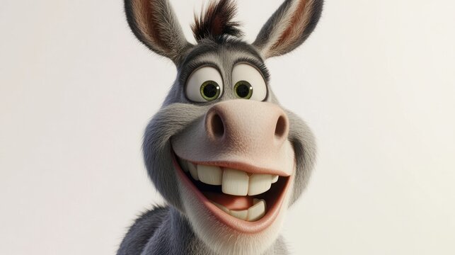 A close-up of a cartoon donkey with a friendly expression. The donkey has large eyes, a pink nose, and a wide smile. It's fur is gray with a black mane. - Powered by Adobe