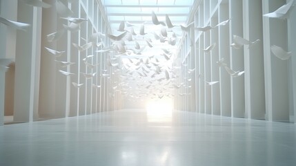 Obraz premium A serene, airy space filled with floating white doves against a bright, luminous background.