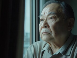 thoughtful elderly asian man gazing out a nursing home window, reflecting on memories with a melancholic expression. the soft light of the room creates an emotional and poignant atmosphere