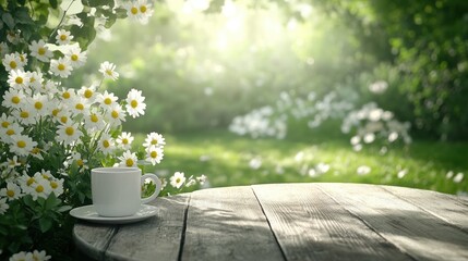 Fototapeta premium A serene outdoor scene featuring a cup of coffee beside blooming daisies.