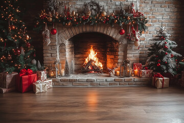 The scene depicts a cozy Christmas setting with a lit fireplace two decorated Christmas trees and presents wrapped in festive paper The fireplace is set against a brick wall adorned