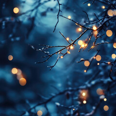 Abstract winter background with fairy lights and a dark blue sky