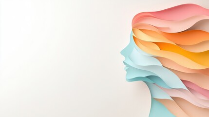 Naklejka premium Abstract profile of a woman with flowing colorful hair, artful design on a white background.