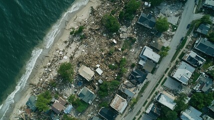 Fototapeta premium Aerial View of Hurricane-Damaged Coastal Town with Uprooted Trees, Collapsed Buildings, the Devastation and Impact of Natural Disasters.