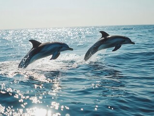 two dolphins joyfully leaping out of the sparkling ocean on a sunny day, capturing the essence of freedom and playfulness in a vibrant marine setting
