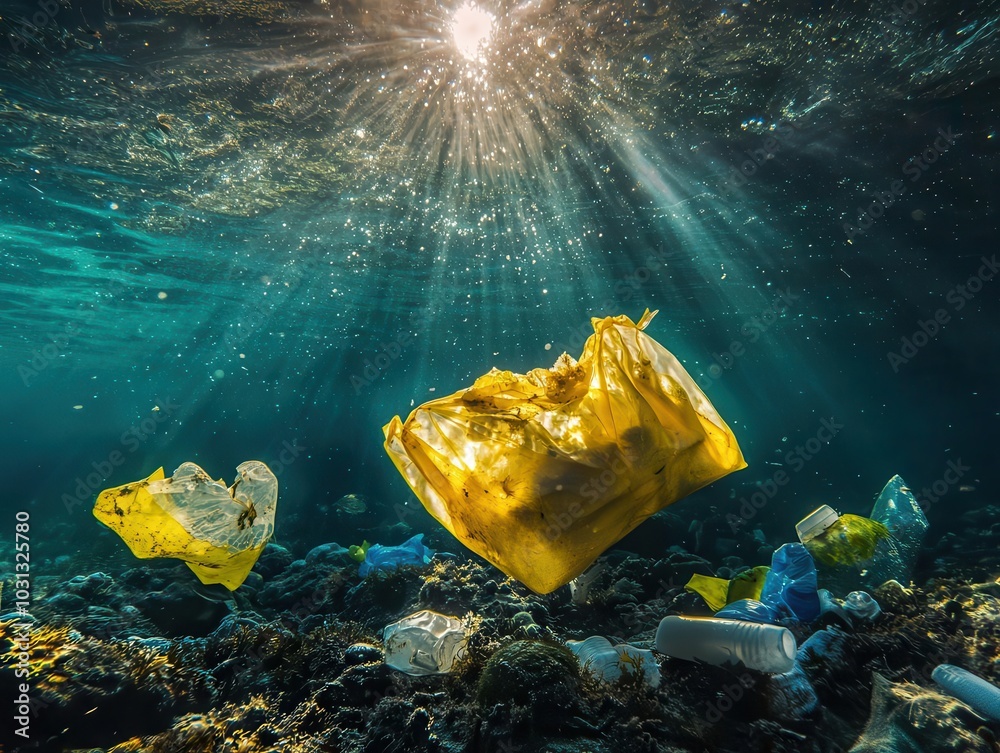 Wall mural underwater perspective of plastic pollution and microplastics disrupting marine ecosystems, highligh