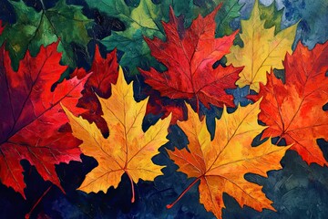 Fototapeta premium Oil Painting of Vibrant Fall Maple Leaves on a Dark Blue Background
