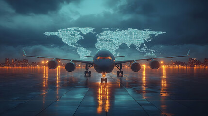 Airplane on a runway with a digital world map backdrop.