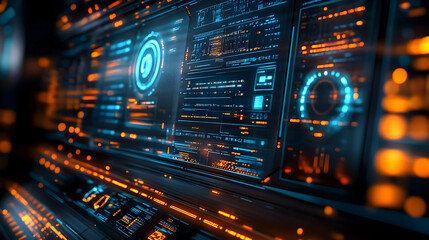 Obraz premium Futuristic digital interface with glowing elements and data displays.
