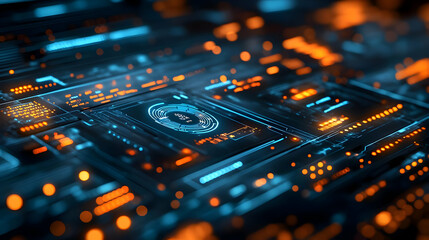 Abstract digital circuit design with glowing elements.