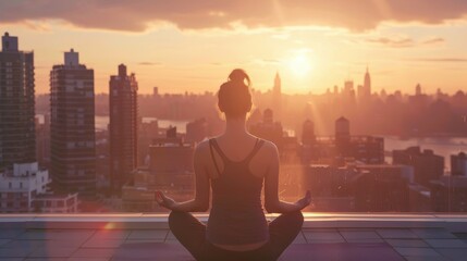 A woman is sitting on a rooftop in a city, looking out at the sunset. Concept of peace and tranquility, as the woman practices yoga and takes in the beautiful view of the city skyline