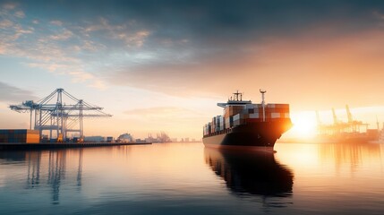 Naklejka premium Cargo ship at harbor during sunset with cranes and reflection in water.