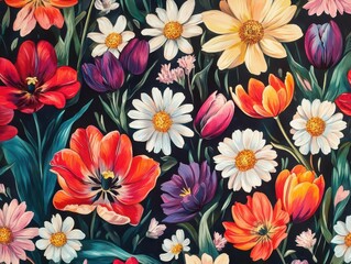 vibrant floral pattern featuring colorful tulips and daisies against a dark background, creating a striking contrast that celebrates nature's beauty through textile design