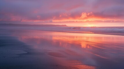 Fototapeta premium Stunning sunrise over a tranquil beach with empty shoreline reflecting vibrant colors in calm waters