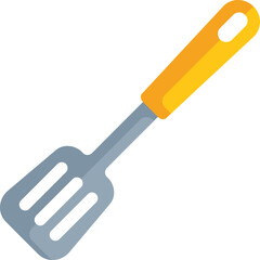 Slotted metal spatula with a yellow plastic handle is laying isolated on a white background